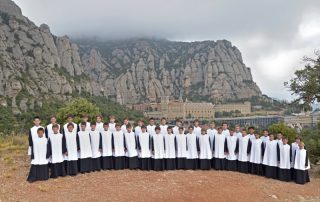 Escolania de Montserrat with the background image of Montserrat